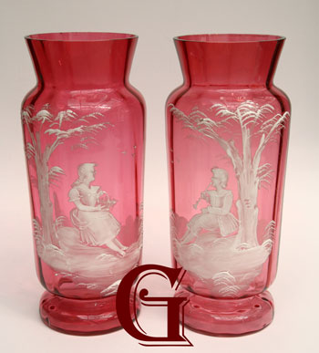 pair cranberry glass Mary Gregory vases